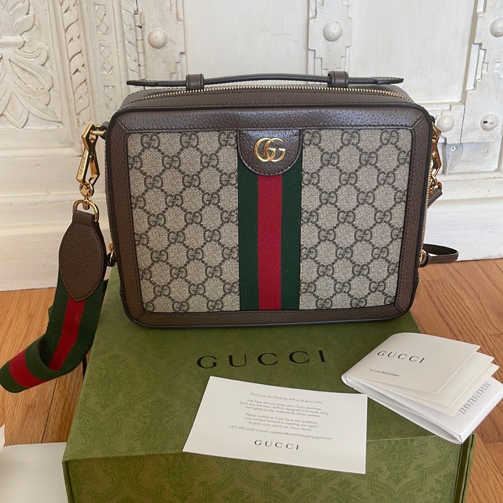 GUCCI
GG Supreme Monogram Web Small Ophidia Top Handle Shoulder Bag Brown